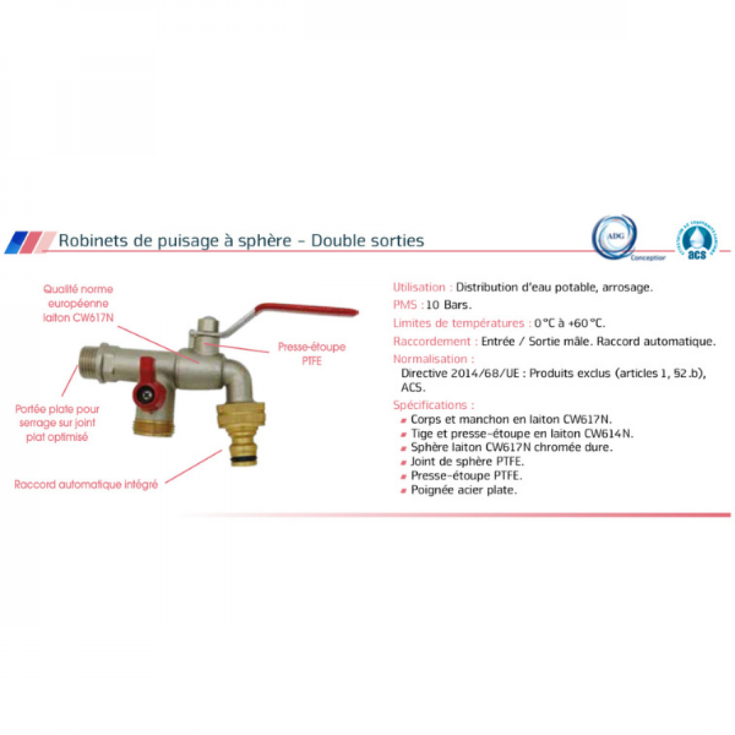 Robinet double de puisage / arrosage 1/4 tour M15x21- 2 Sorties M20x27